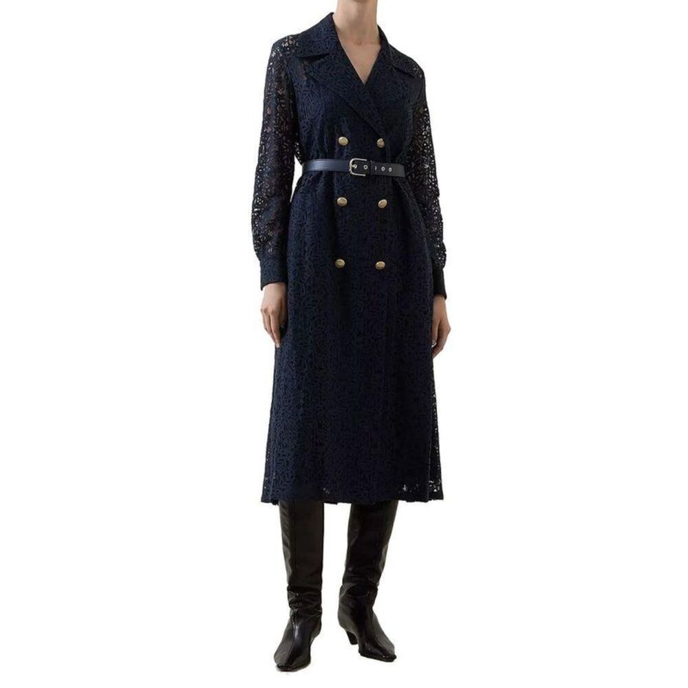 Max Mara Lace Belted Dress Women Blue Jackets & Coats - Picture 2 of 4